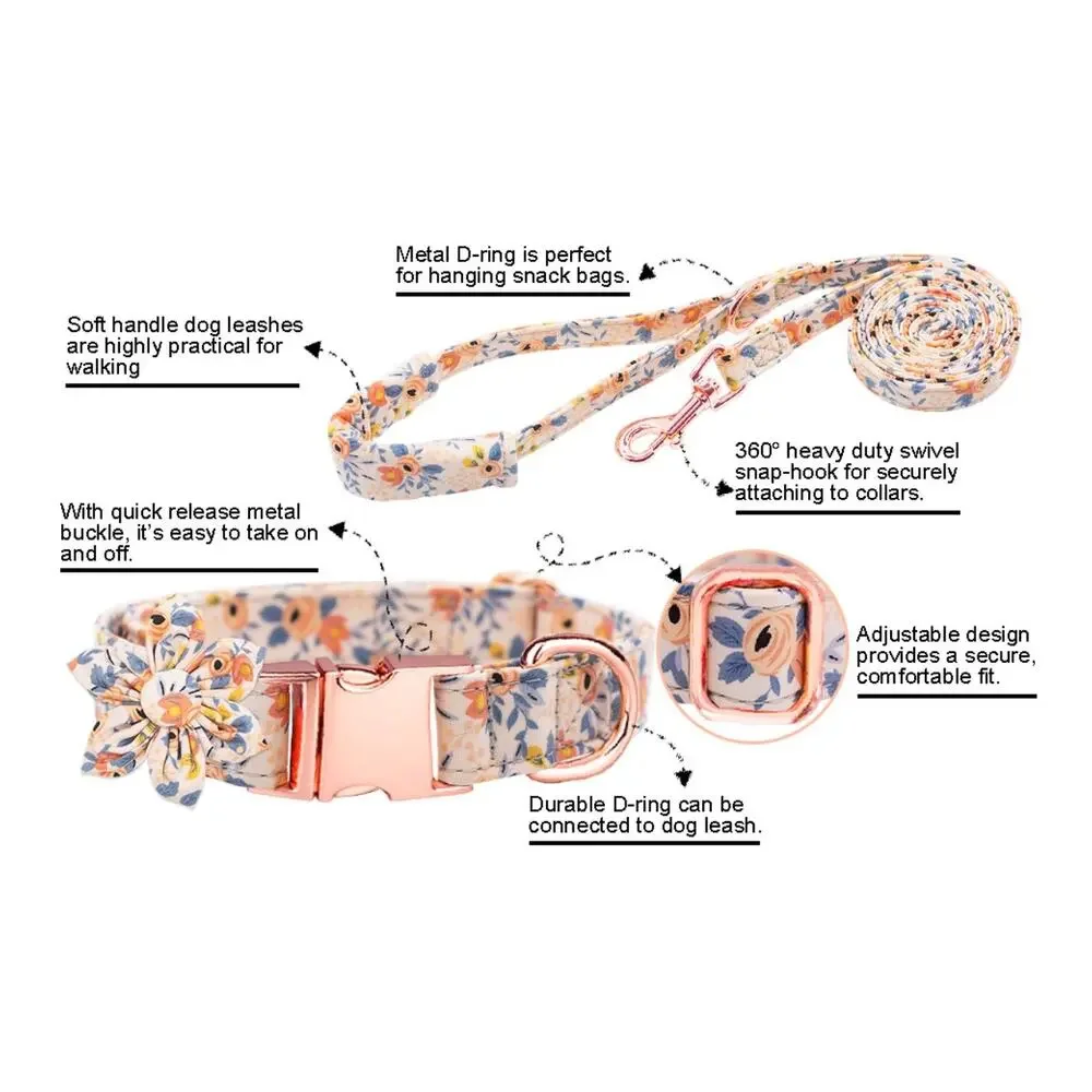 NIB XS 4 piece Dog Collar Leash Bow Flower Set Rocket Ship Print Rose Gold Tone